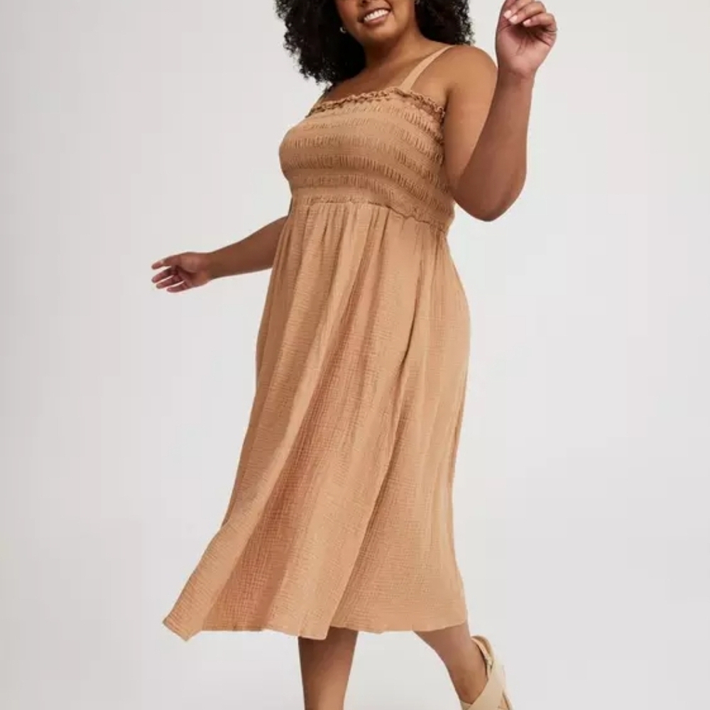 Torrid Midi Pucker Gauze Dress Size 2 2x Plus Size Tan Cottagecore